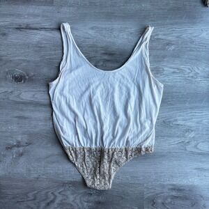 Free People Ivory Lace Trim Thong Bodysuit Tank Style LG boho fairy